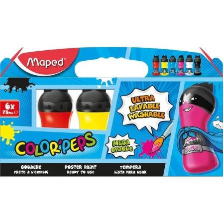 Maped Set de Témperas Color'Peps de 6 Colores Surtidos de 75 ml cada una, Ultra Lavables Maped Set de Témperas Color'Peps de 6 Colores Surtidos de 75 ml cada una, Ultra Lavables
